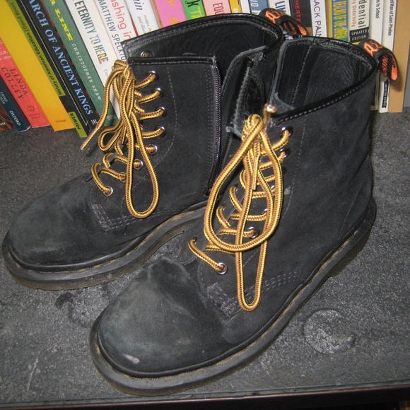 black suede Dr. Martens w/ side zip and Dr. Martens yellow/burgundy laces - Picture 2 of 4